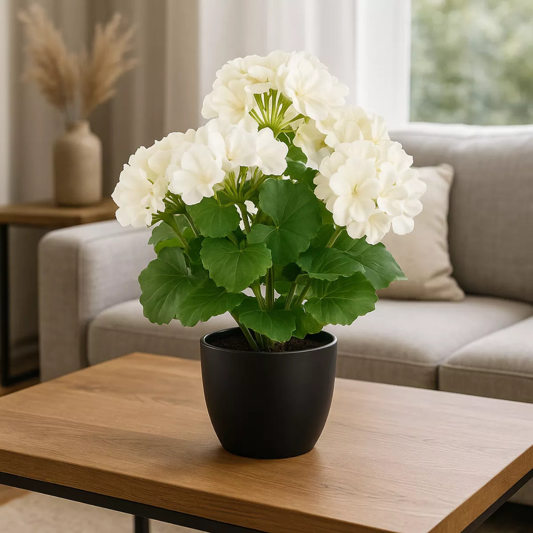 Flourify Witte geranium struik in pot kunstbloem. 36 cm 